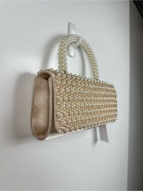 Alessia Elegant Pearl Beaded Evening Bag Champagne Gold Satin Bridal Party Xbody